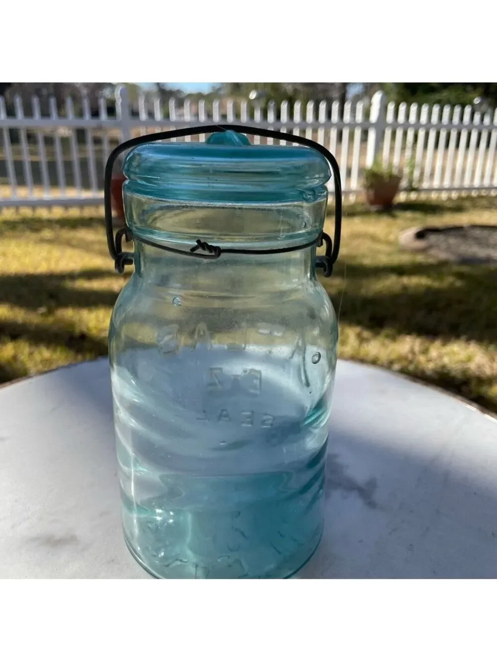 Antique Aqua Blue Atlas E-Z Seal Glass Canning Jar, w/Lid & Wire Bail.